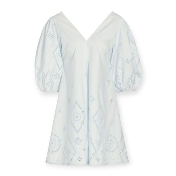 Ganni Broderie Anglaise Puff Sleeve Organic Cotton Mini Dress Illusion Blue S 42 - Picture 4 of 17
